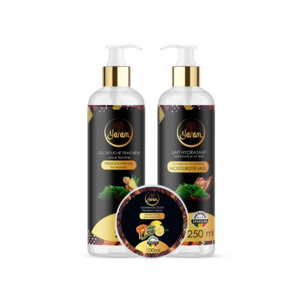 Pack Yaram pour femme, comprenant un gel douche, un gommage révélateur d’éclat et un lait illuminateur de teint.