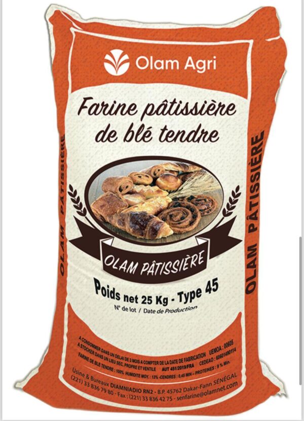 OLAM Farine Pâtissière de Blé Tendre 25kg - Type 45 : Idéale pour vos créations sucrées et salées, offrant légèreté et goût inégalés en pâtisserie.