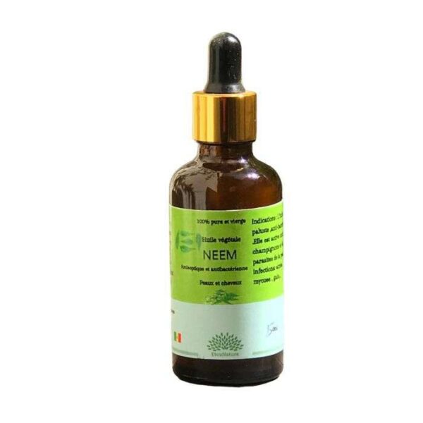 Huile de neem – Soin naturel aux multiples bienfaits. Riche en propriétés antibactériennes et antifongiques, elle purifie la peau et revitalise les cheveux.